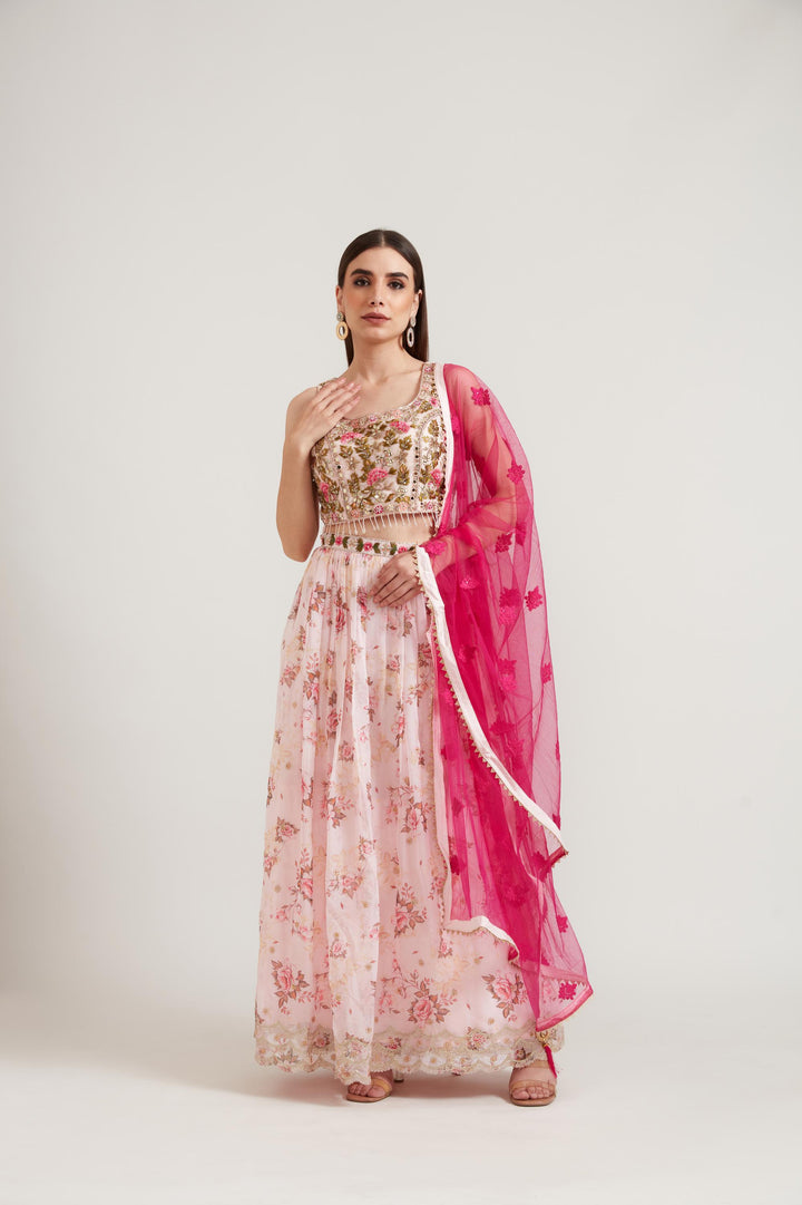 Neerus Baby Pink Color Organza Fabric Ghagra Set