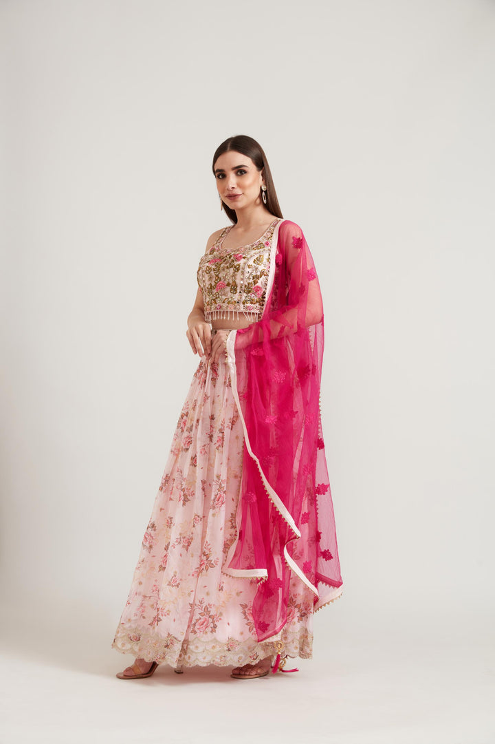 Neerus Baby Pink Color Organza Fabric Ghagra Set
