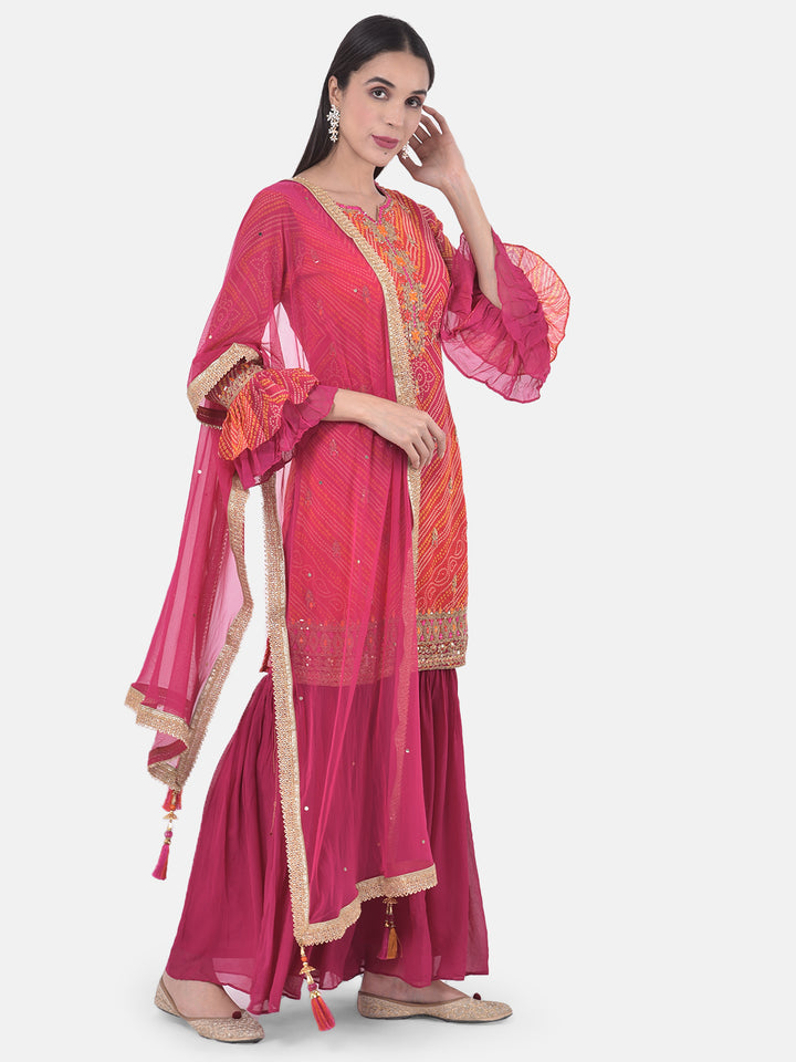 Neerus Pink Bandhani Printed Sharara Set - front view