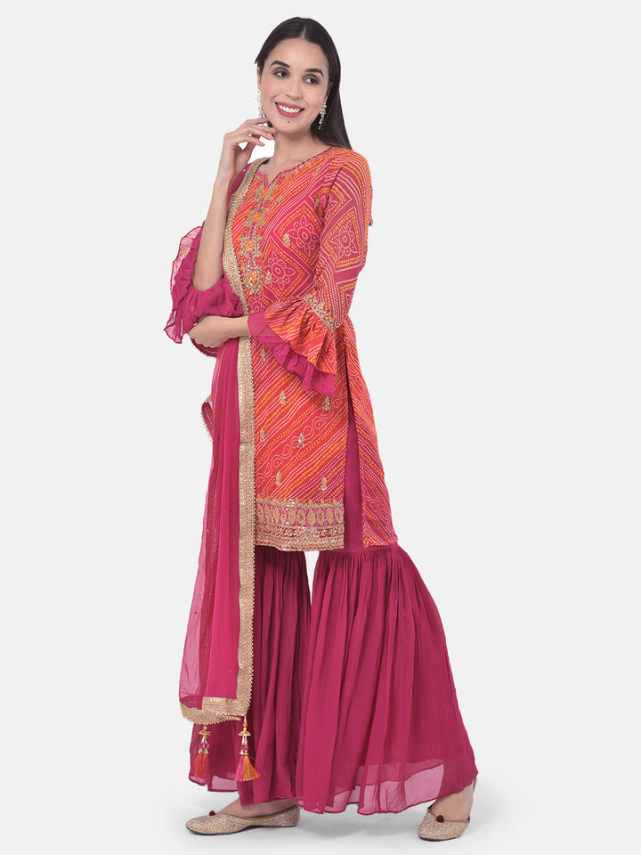 Neerus Pink Bandhani Printed Sharara Set - back view