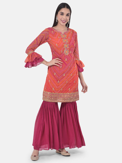 Neeru's Fuchsia Bandhani Kurta With Sharara & Dupatta