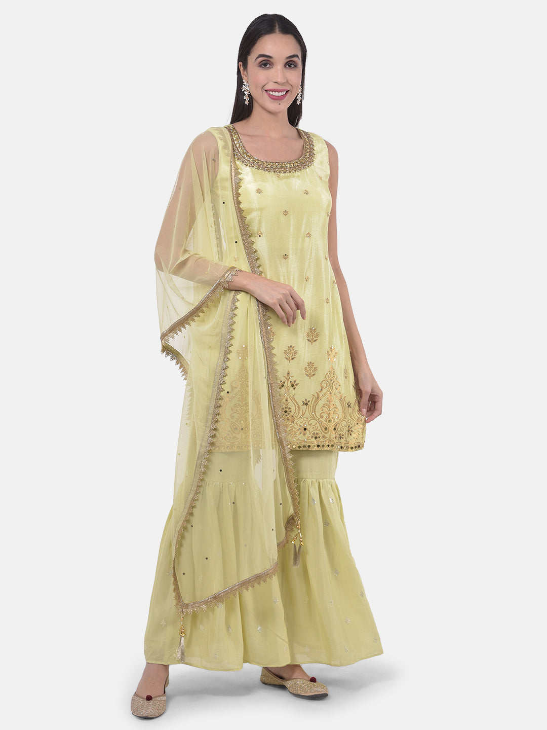 Neerus Green Zari Kurta With Sharara & Dupatta