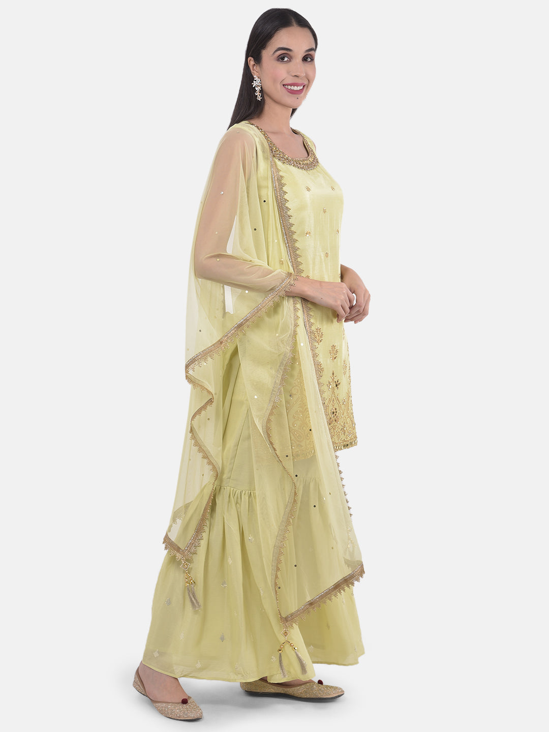 Neerus Green Zari Kurta With Sharara & Dupatta