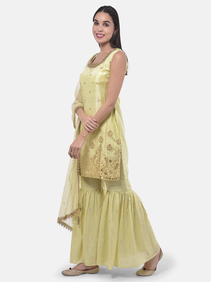 Neerus Green Zari Kurta With Sharara & Dupatta