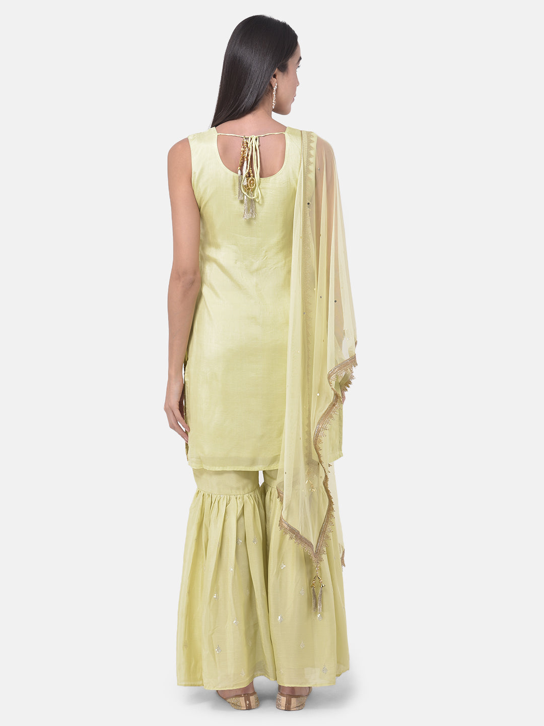 Neerus Green Zari Kurta With Sharara & Dupatta