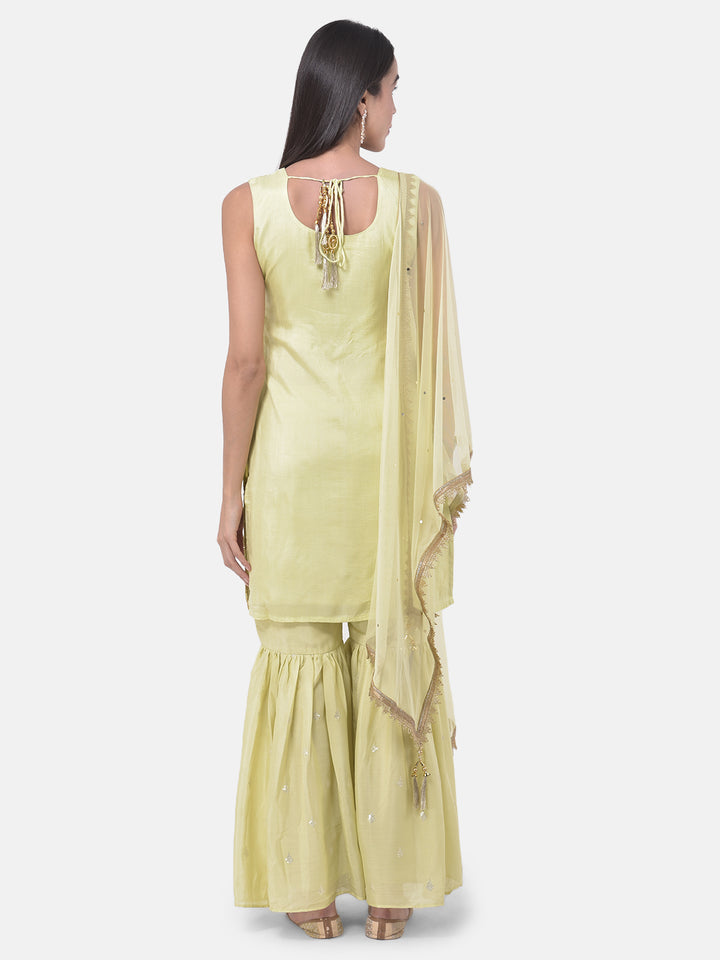 Neerus Green Zari Kurta With Sharara & Dupatta