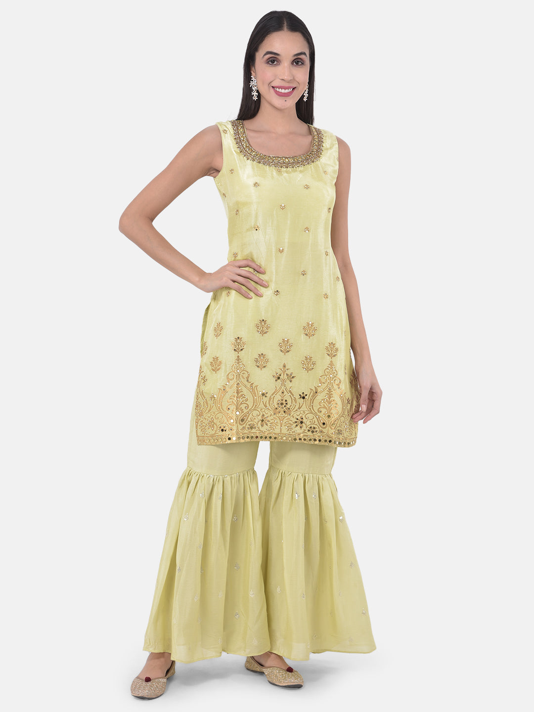 Neerus Green Zari Kurta With Sharara & Dupatta