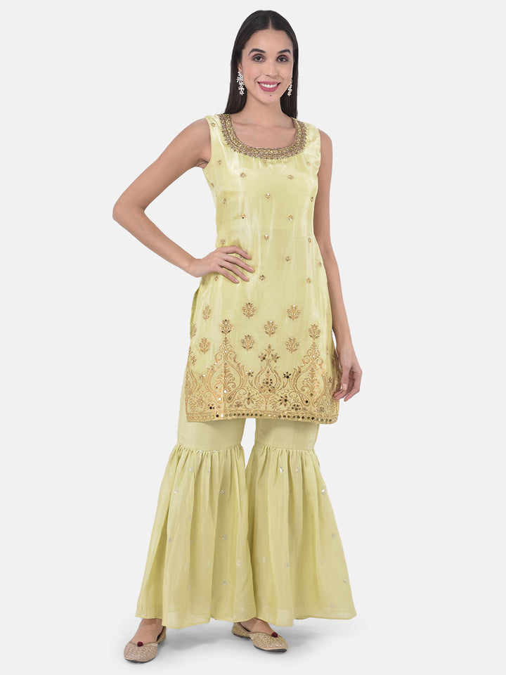 Neerus Green Zari Kurta With Sharara & Dupatta