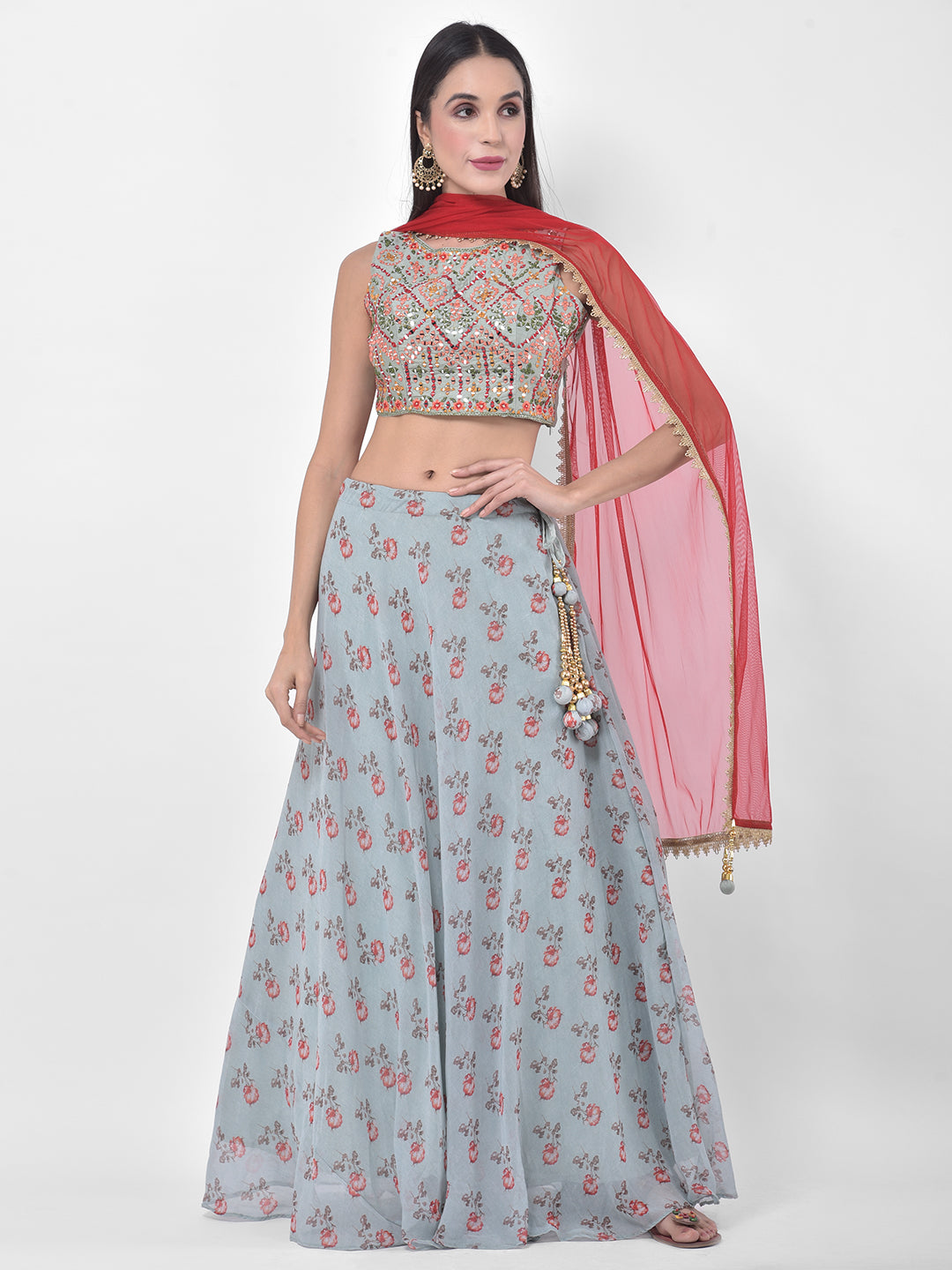 Neerus Green Georgette Embellished Lehenga Set - front view