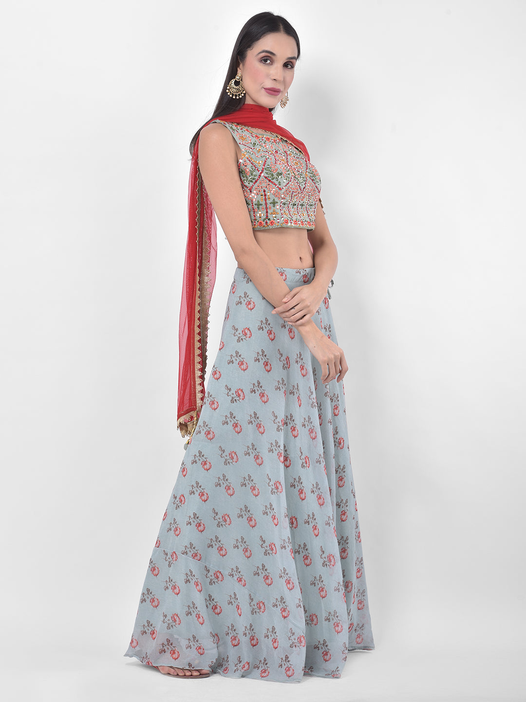 Neerus Green Georgette Embellished Lehenga Set - back view