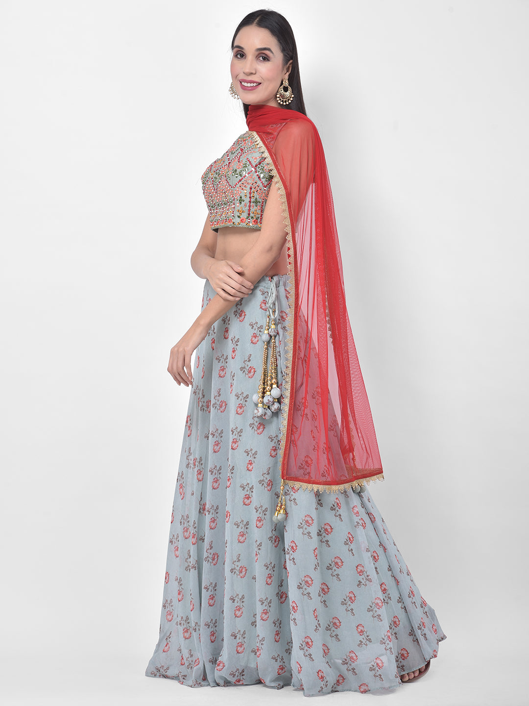 Neerus Green Georgette Embellished Lehenga Set - side view