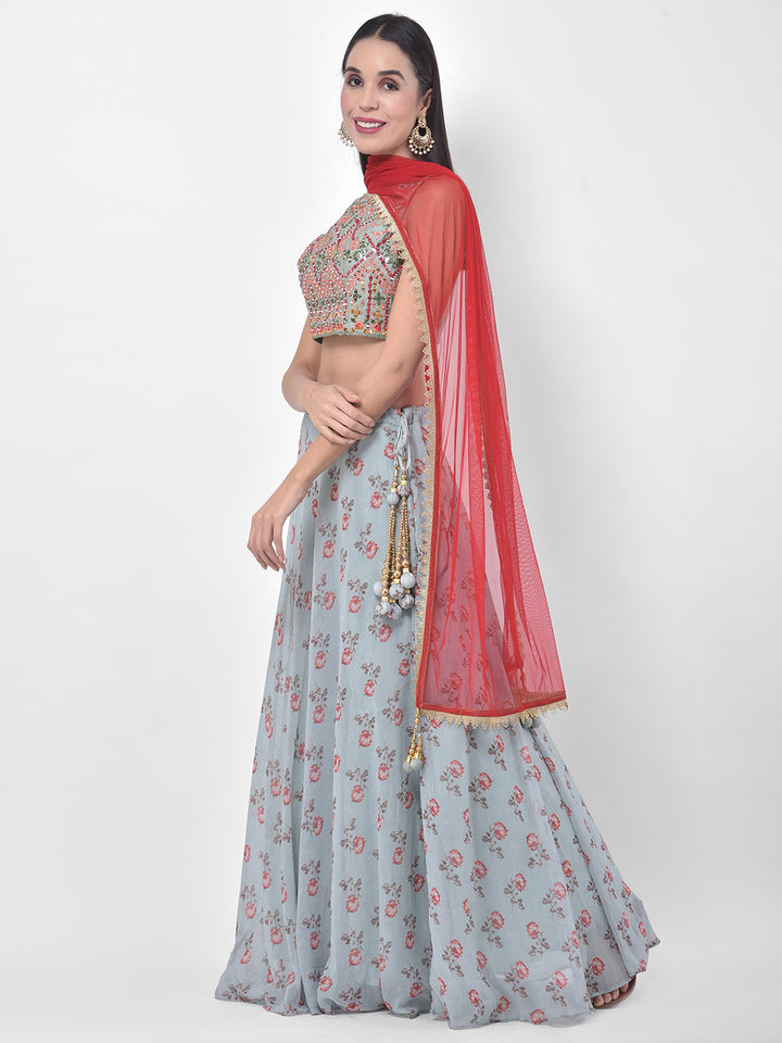 Neerus Green Georgette Embellished Lehenga Set - side view