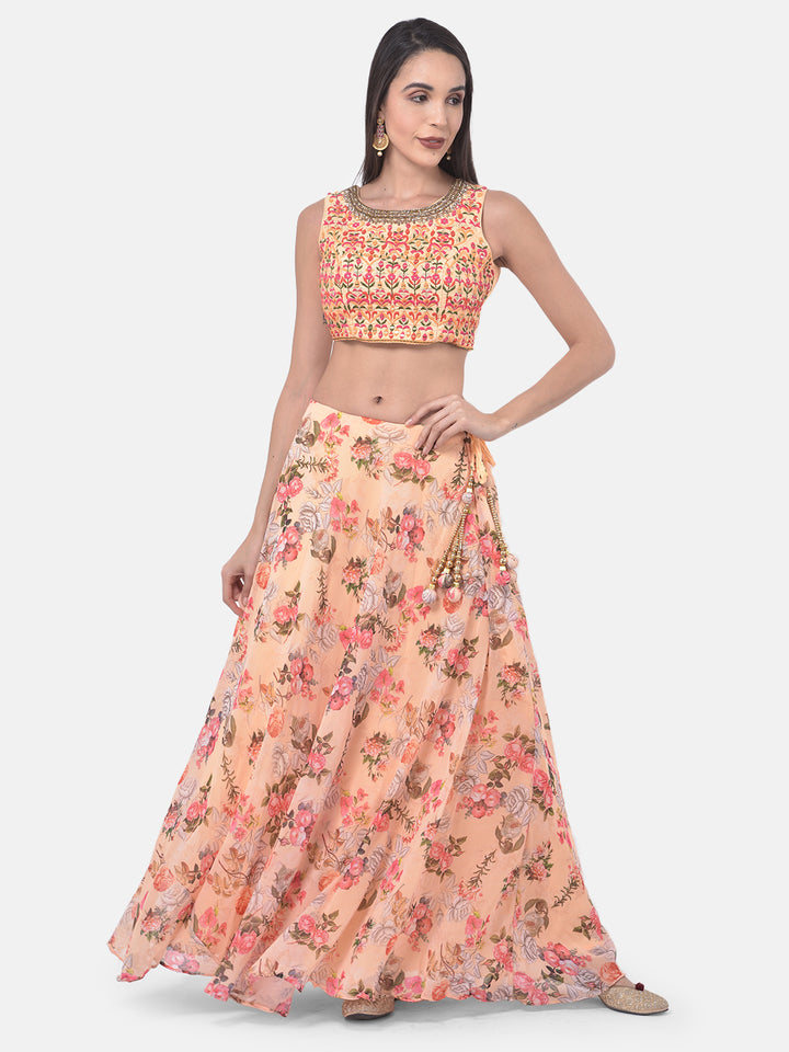 Neerus Orange embroidered flared lehenga set - detail view 5