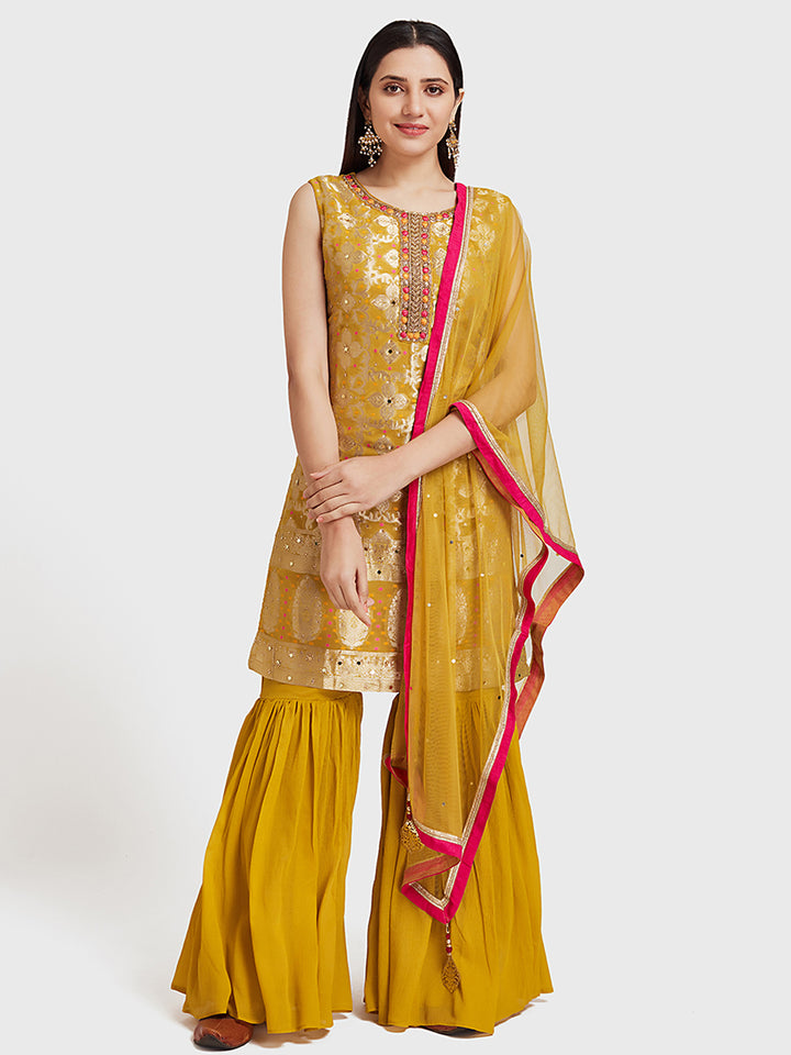 Neerus Yellow Embellished Kurta With Sharara & Dupatta