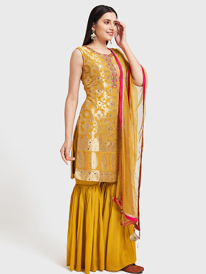 Neerus Yellow Embellished Kurta With Sharara & Dupatta