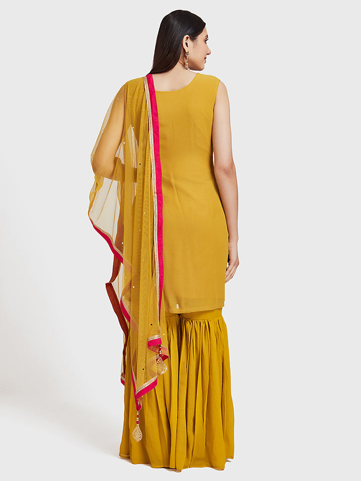 Neerus Yellow Embellished Kurta With Sharara & Dupatta