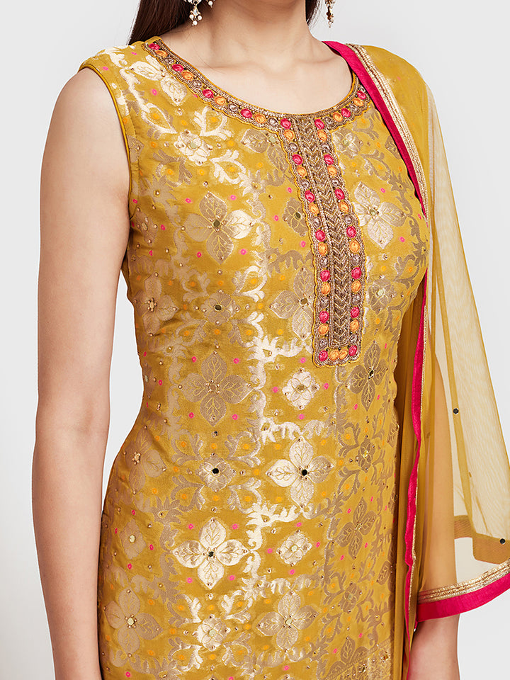 Neerus Yellow Embellished Kurta With Sharara & Dupatta