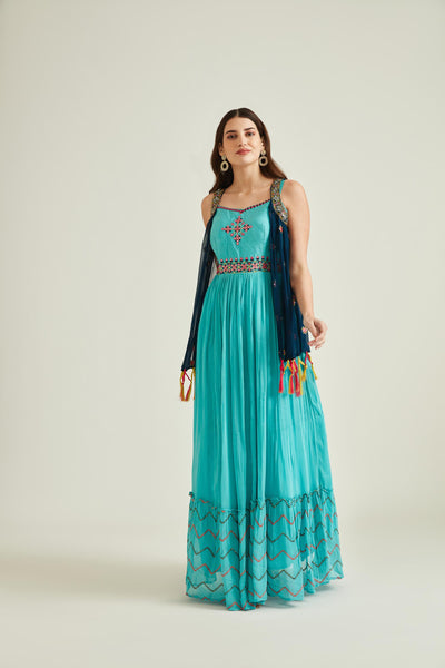 Sea Green Silk Embroidered Readymade Gown