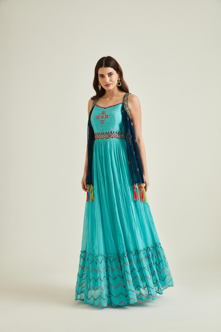 Neerus Sea Green Colour Georgette Fabric Gown