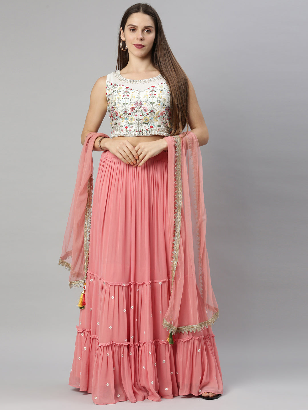 Neerus Tomato Color Georgette Fabric Ghagra Set