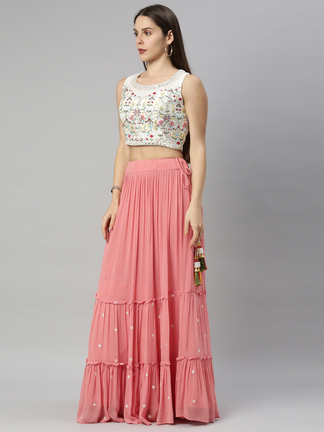 Neerus Tomato Color Georgette Fabric Ghagra Set