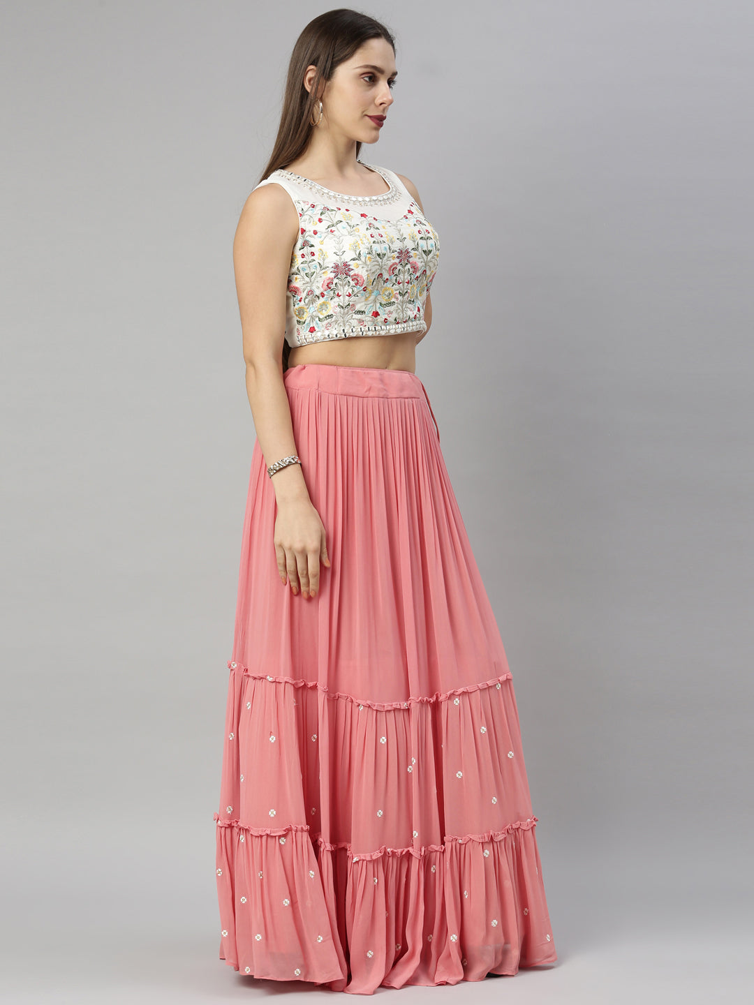 Neerus Tomato Color Georgette Fabric Ghagra Set