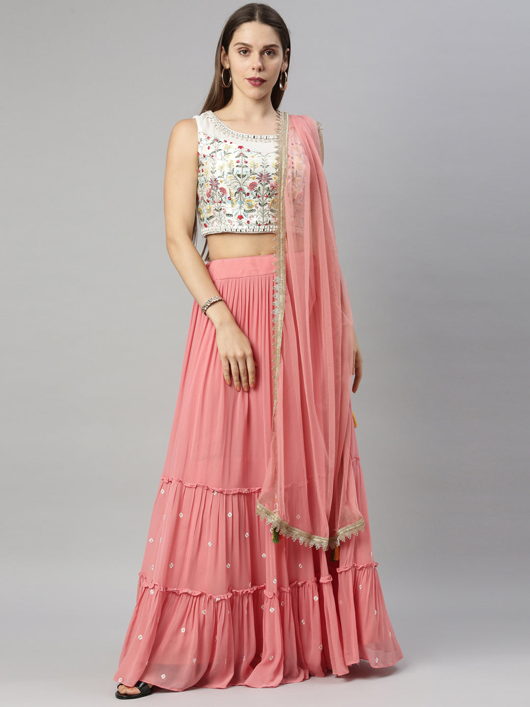 Neerus Tomato Color Georgette Fabric Ghagra Set