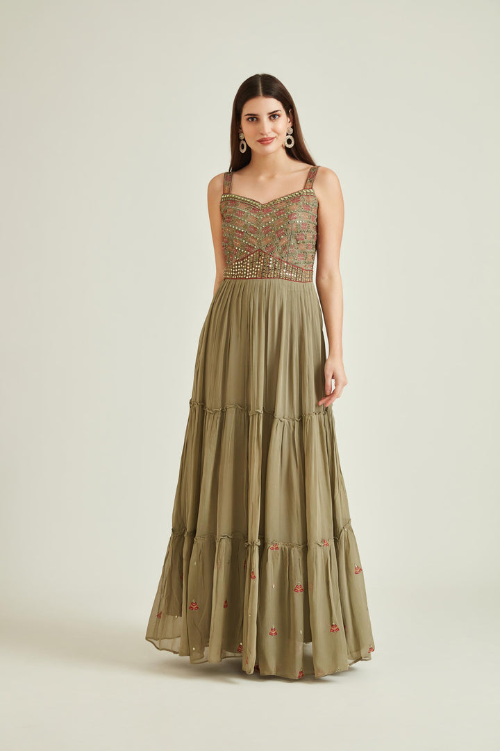 Neerus Green georgette mirror work tiered gown with dupatta - detail view 1