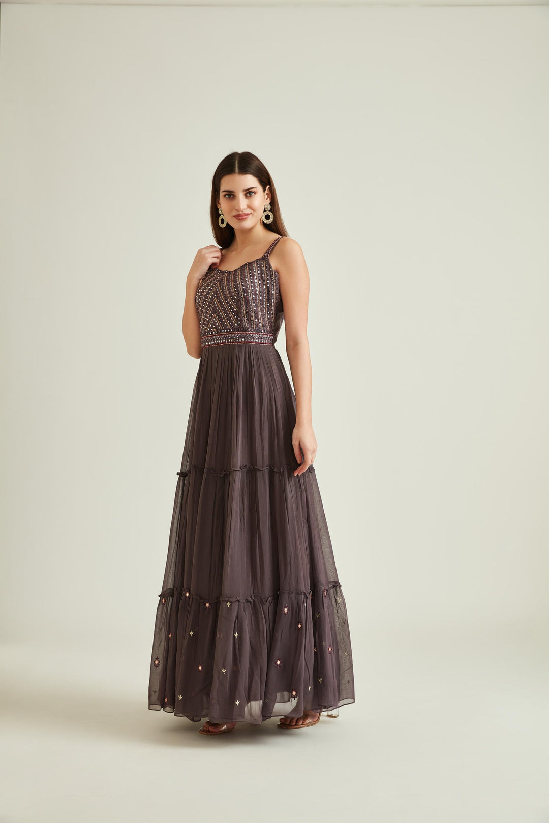 Neerus Brown georgette mirror work tiered gown - front view