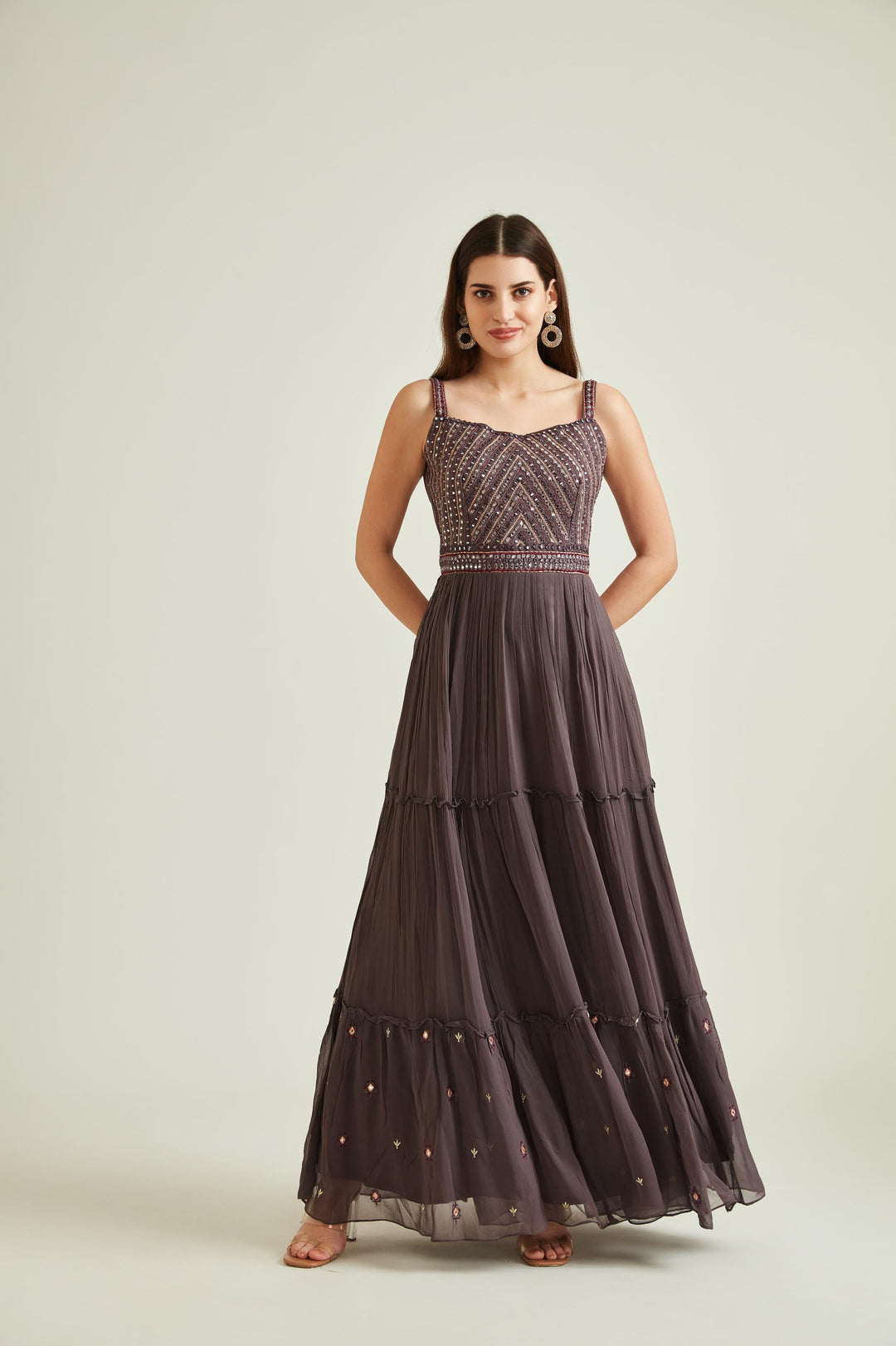 Neerus Brown georgette mirror work tiered gown - detail view 1