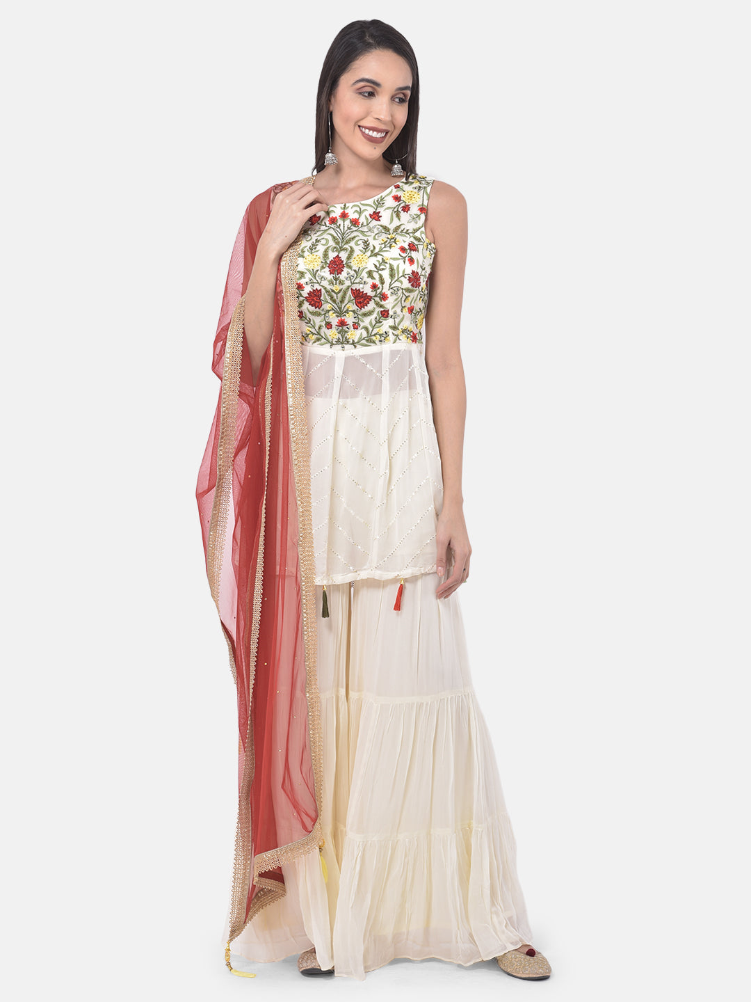 Neerus White & Maroon Embroidered Kurta With Sharara & Dupatta