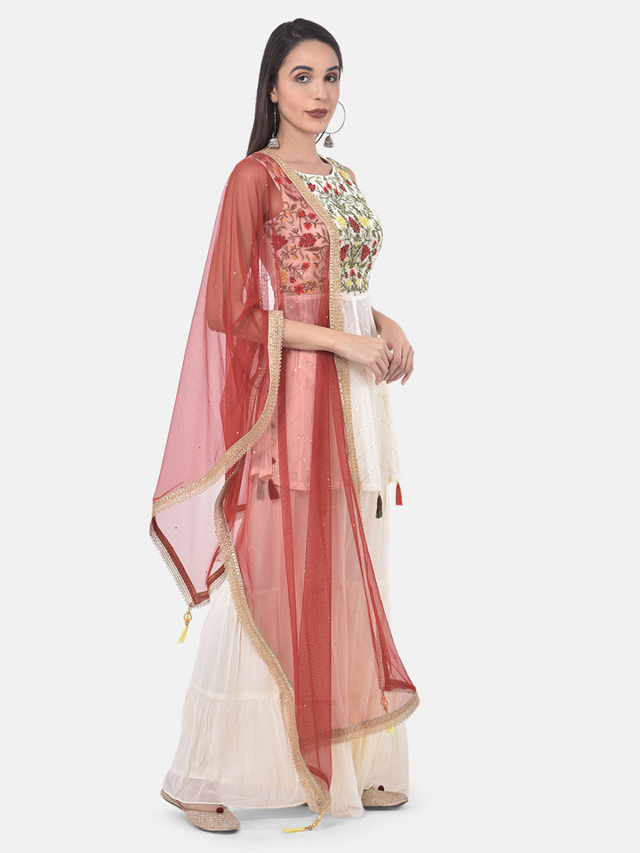 Neerus White & Maroon Embroidered Kurta With Sharara & Dupatta