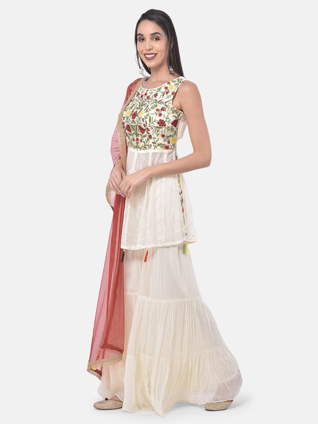 Neerus White & Maroon Embroidered Kurta With Sharara & Dupatta