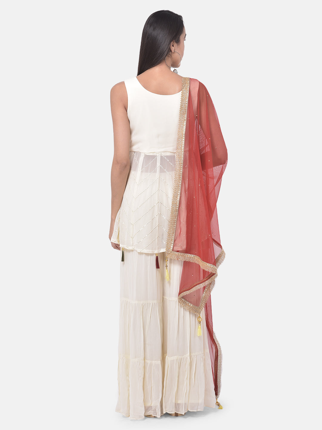 Neerus White & Maroon Embroidered Kurta With Sharara & Dupatta