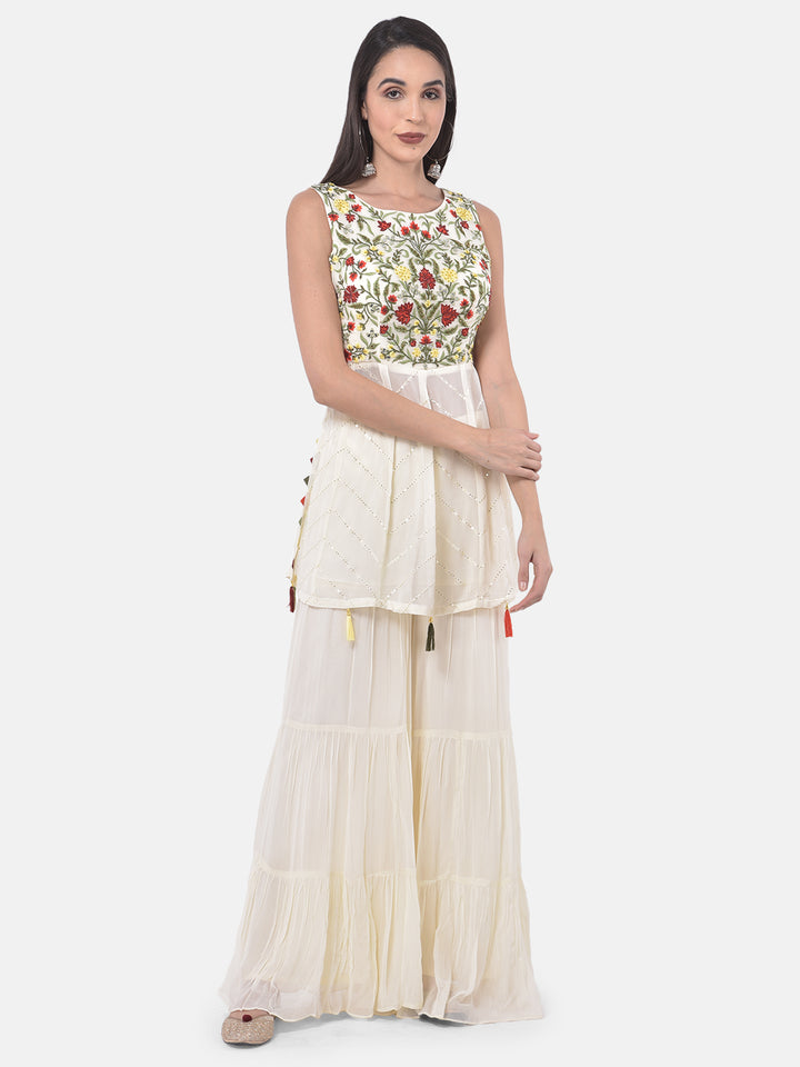 Neerus White & Maroon Embroidered Kurta With Sharara & Dupatta