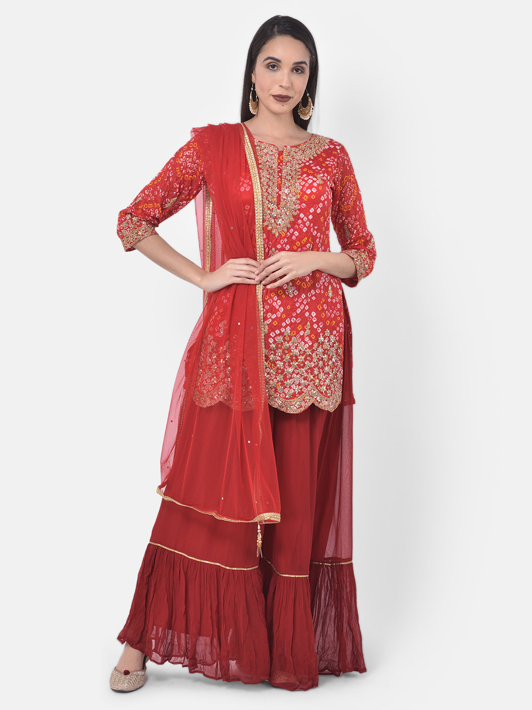 Neerus Red embellished zari kurta sharara set - detail view 5