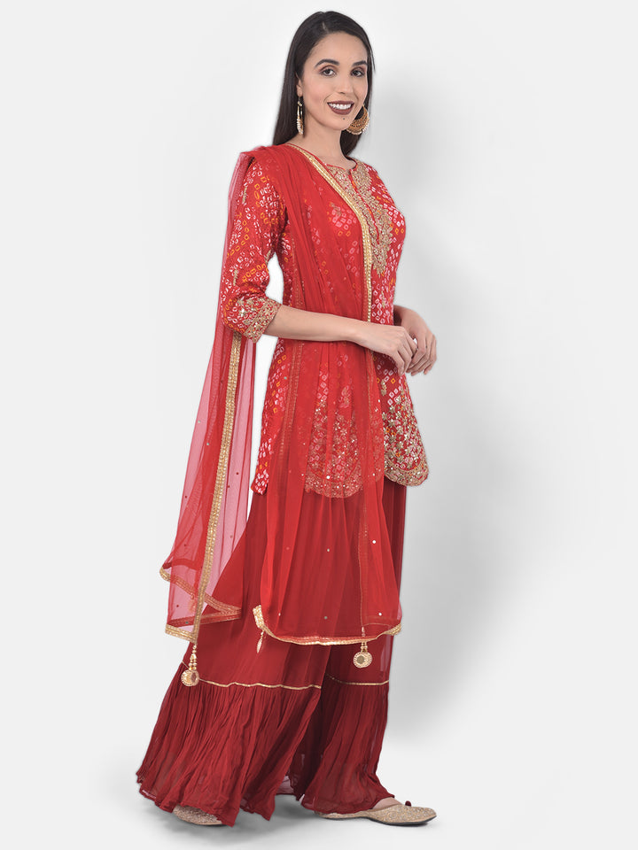 Neerus Red embellished zari kurta sharara set - front view