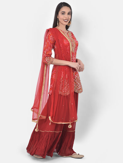 Neeru's Red Zari Kurta With Sharara & Dupatta