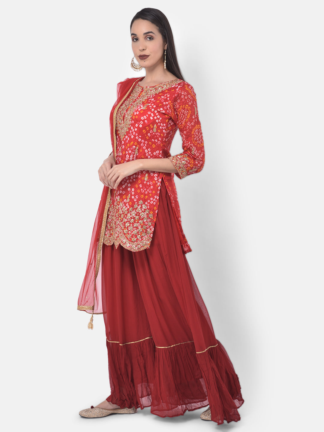 Neerus Red embellished zari kurta sharara set - back view