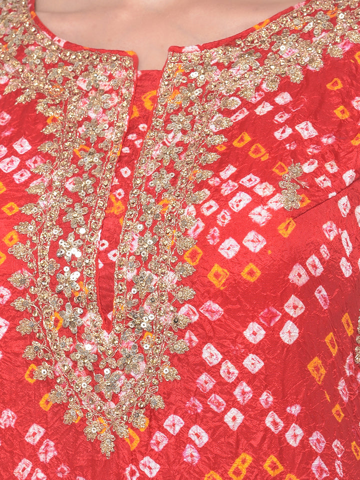 Neerus Red embellished zari kurta sharara set - detail view 1