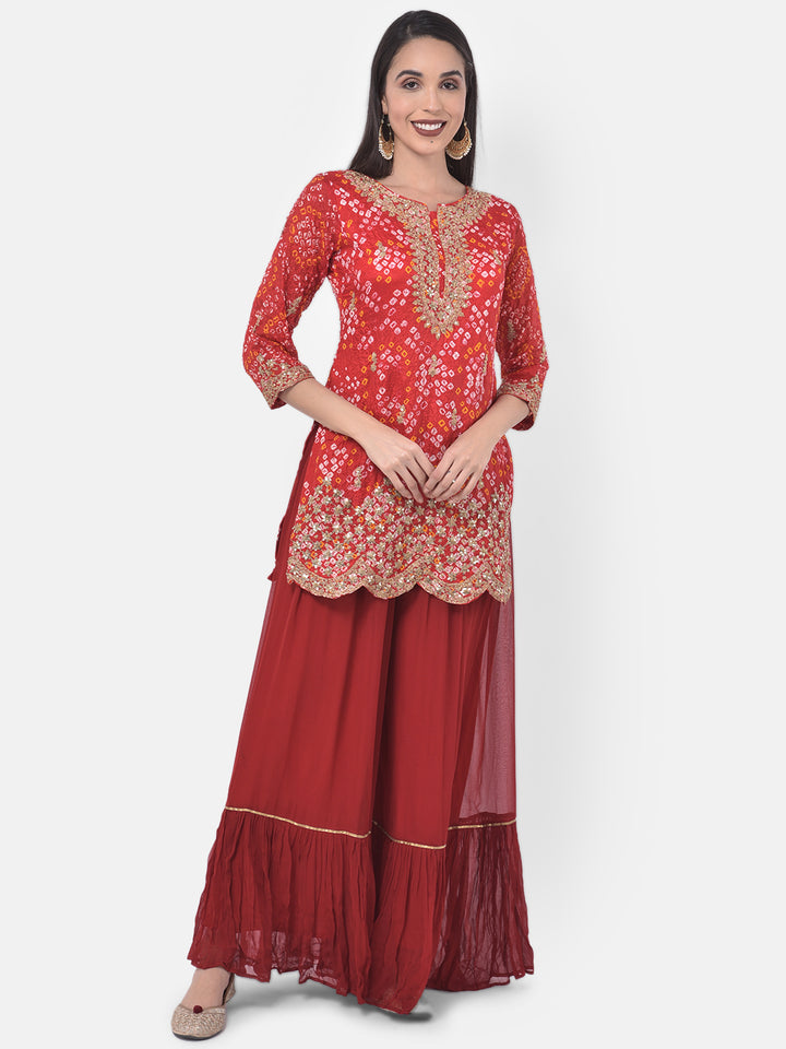 Neerus Red embellished zari kurta sharara set - detail view 4