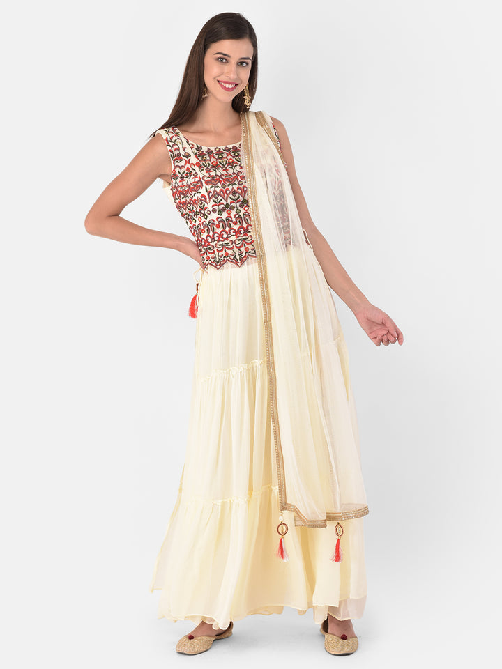 Neerus Cream Color Georgette Fabric Suit-Skirts