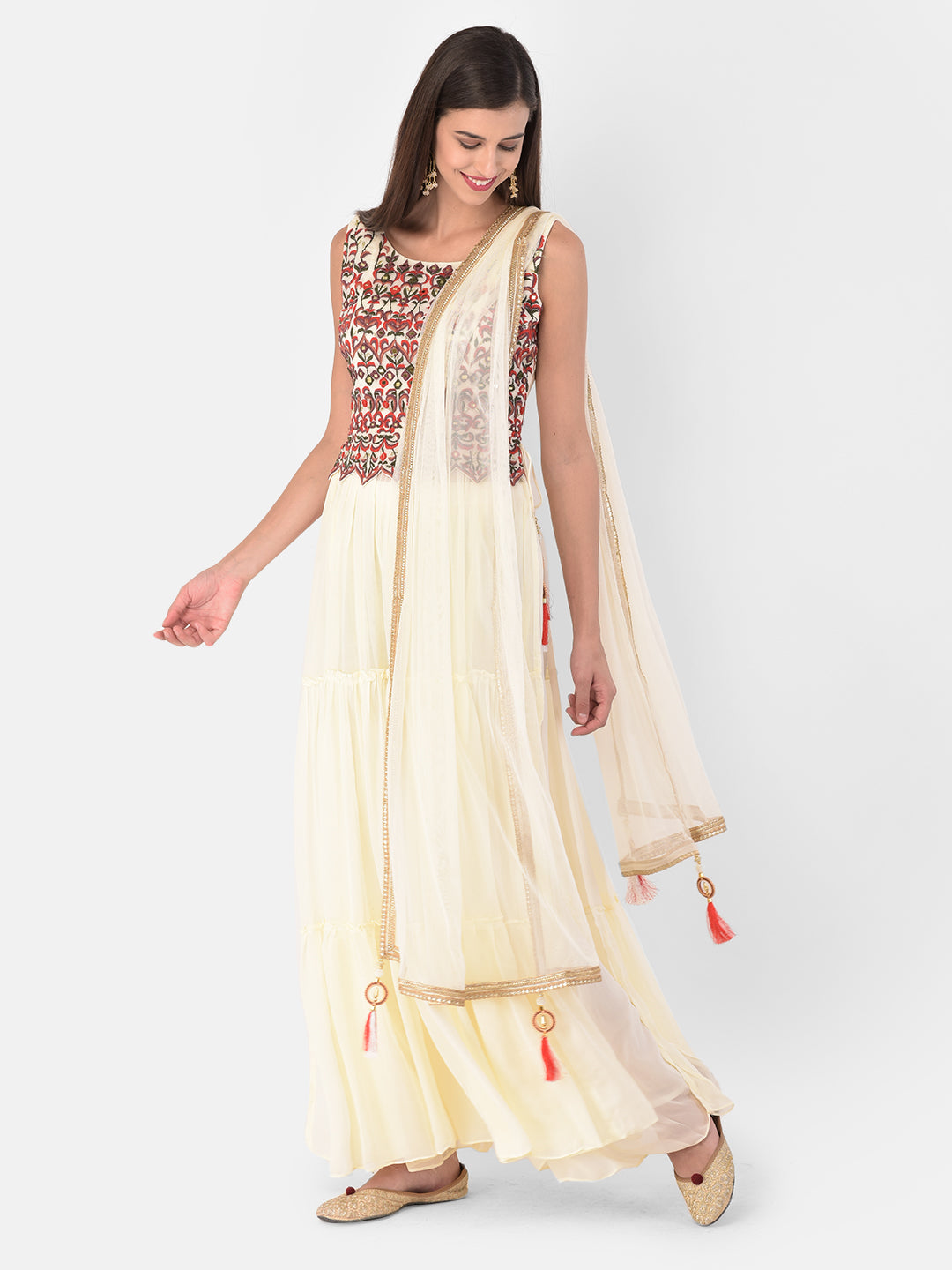 Neerus Cream Color Georgette Fabric Suit-Skirts