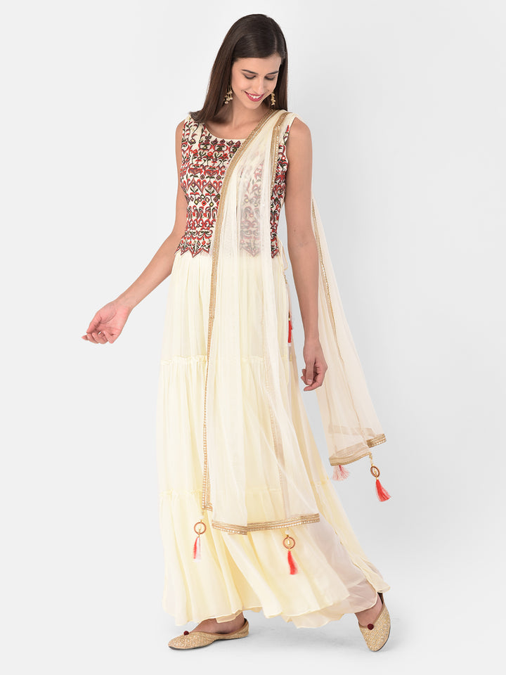 Neerus Cream Color Georgette Fabric Suit-Skirts