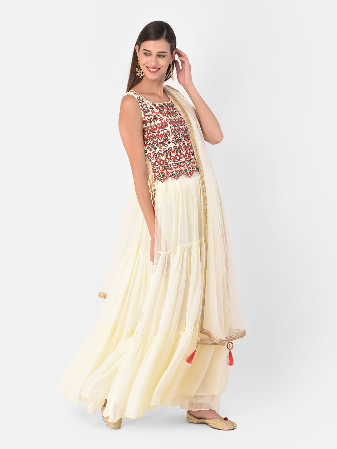 Neerus Cream Color Georgette Fabric Suit-Skirts