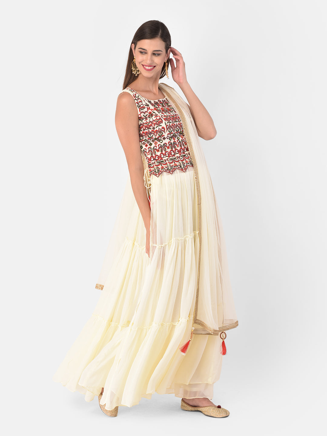 Neeru's Cream Color Georgette Fabric Suit-Skirts