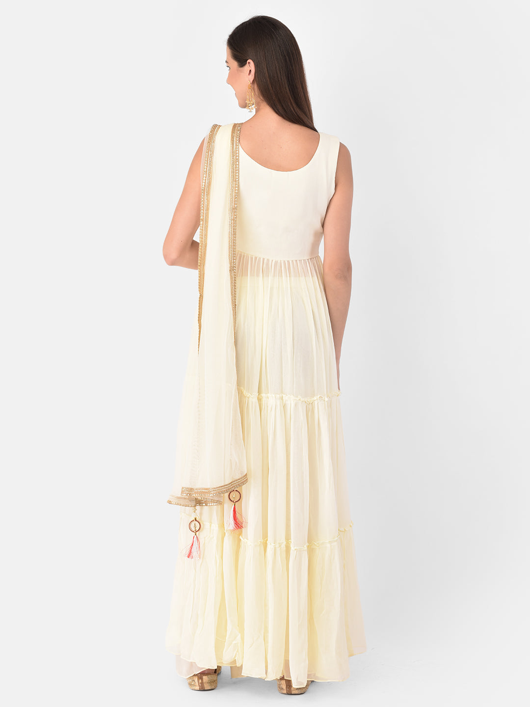 Neerus Cream Color Georgette Fabric Suit-Skirts