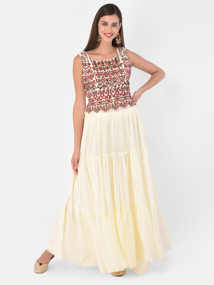 Neerus Cream Color Georgette Fabric Suit-Skirts