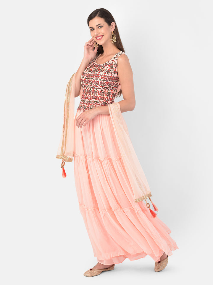Neerus Orange georgette co-ord set suit skirt - front view