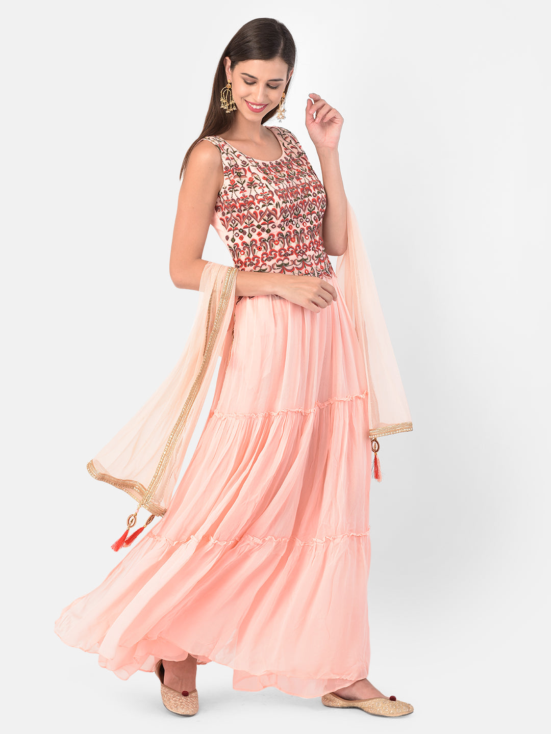Neerus Orange georgette co-ord set suit skirt - back view